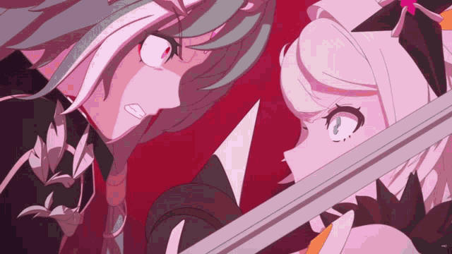 two anime characters are looking at each other and one has a sword