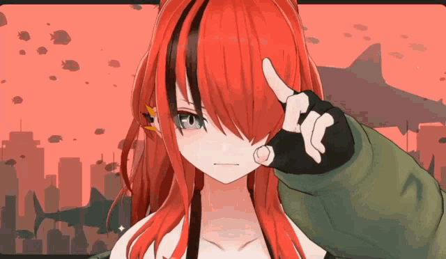 a girl with red hair and blue eyes is making a peace sign