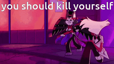 a cartoon of a cat holding a sword with the words `` you should kill yourself '' below it .