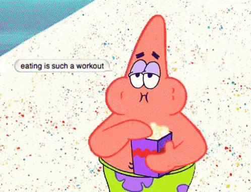 patrick star from spongebob squarepants is eating a box of popcorn