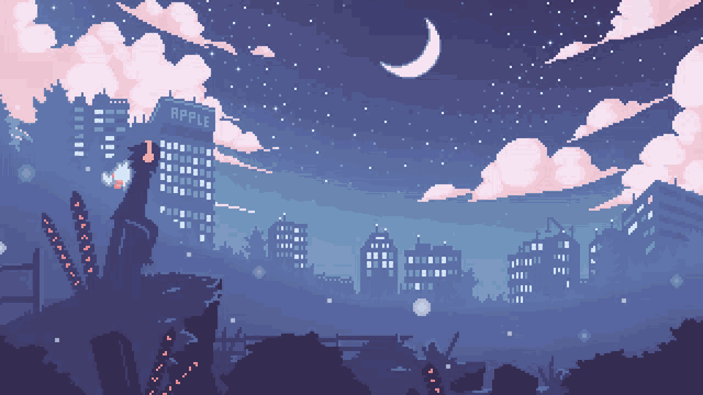a pixel art drawing of a city at night with an apple building in the foreground