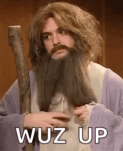 a man with a long beard and mustache is holding a wooden staff .