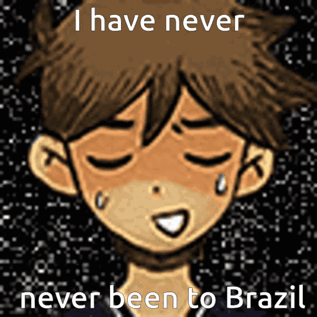 a drawing of a boy with the words " i have never never been to brazil " on the bottom