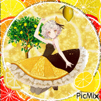 a girl in a lemon dress is dancing in front of a lemon tree .
