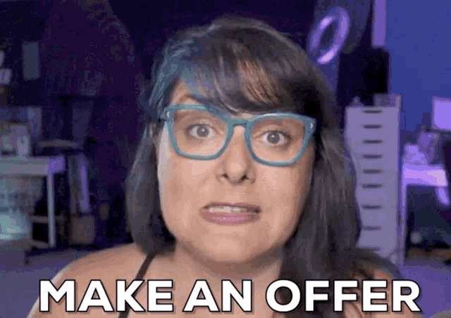 a woman wearing glasses says make an offer in front of a purple background