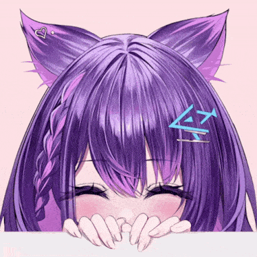 a girl with purple hair and cat ears looks over a white sign