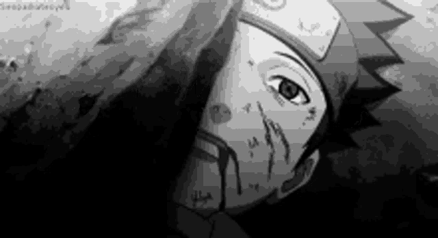 a black and white drawing of a person 's face with blood coming out of it .