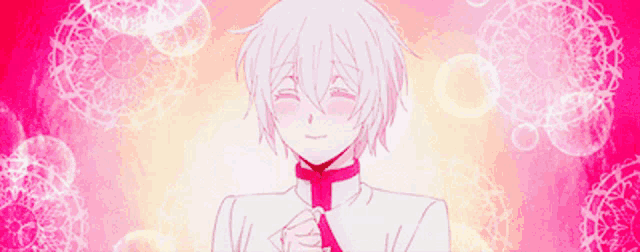 a boy with white hair and a red tie is smiling in front of a pink background with bubbles .