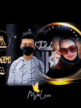 a picture of a boy wearing a mask and a woman wearing sunglasses with the words tuhan my love on the bottom