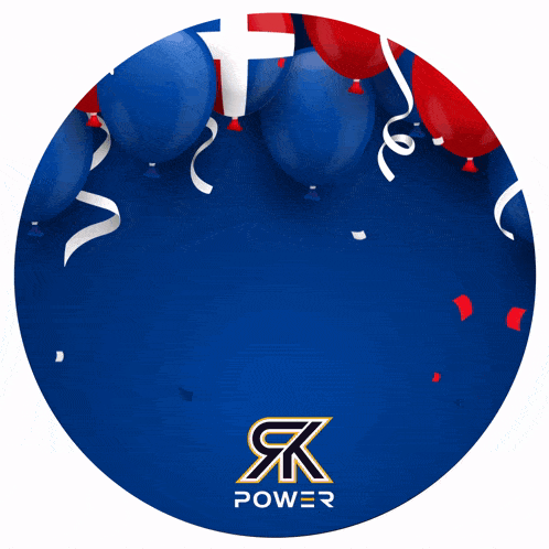 a blue circle with red white and blue balloons and a flag with the word power on it
