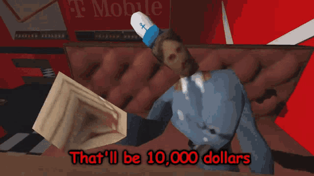 a man in a suit is holding a coffin with the words that 'll be 10,000 dollars below him