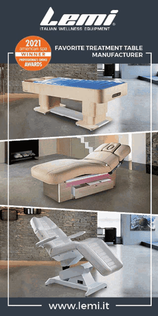 an advertisement for leni italian wellness equipment shows a pool table and a massage bed
