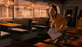 a cartoon character in a diner holding a pizza