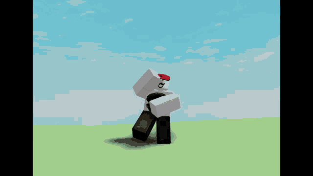 a cartoon character is standing in a field with a blue sky behind him