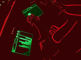 a drawing of a person playing a video game with a green screen behind them