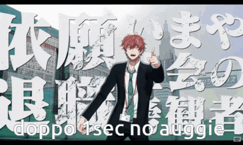 a man in a suit and tie stands in front of a sign that says " doppo sec no auggie "