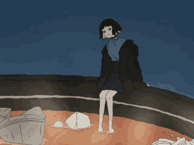 a drawing of a girl sitting on a ledge