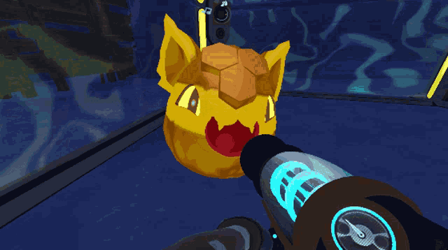 a person is holding a gun in front of a yellow cartoon character