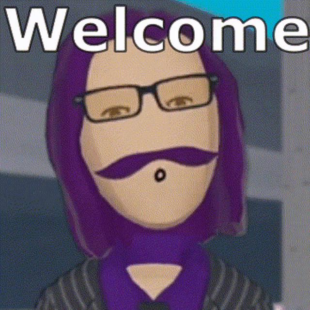 a cartoon of a man with glasses and a mustache says welcome