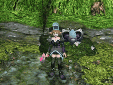 a video game character is standing next to a monster