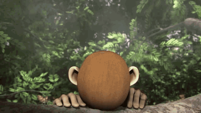 a cartoon monkey is holding a coconut in his mouth