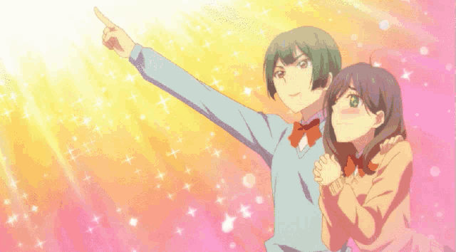 a couple of anime characters with the words let 's aim for that star together below them
