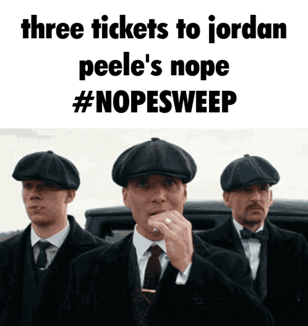three men in suits and hats are standing in front of a car with the caption three tickets to jordan