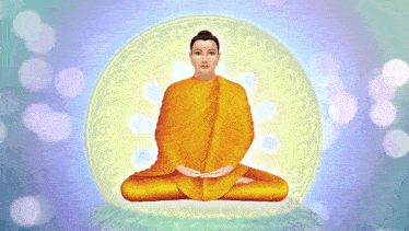 a painting of a buddha sitting in front of a circular symbol