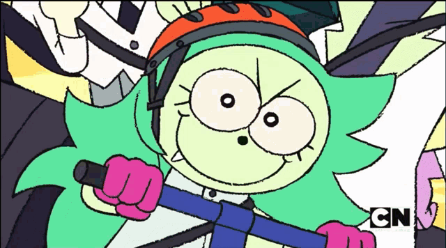 a cartoon character from cn is holding a bicycle