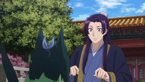 a man with purple hair and a blue bow on his head