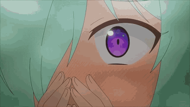a close up of a girl 's face with a purple eye