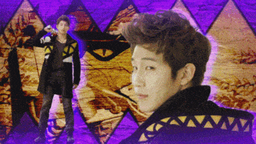 a man in a black jacket with the letter w on the back is standing in front of a purple background