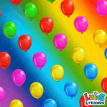 a bunch of colorful balloons with the words lucas & friends on the bottom