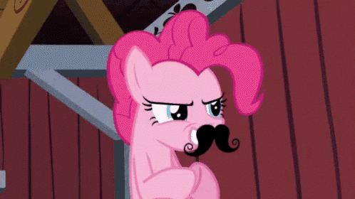 a pink pony with a black mustache looks angry