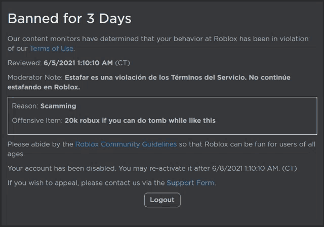 a screenshot of a banned for 3 days page on roblox