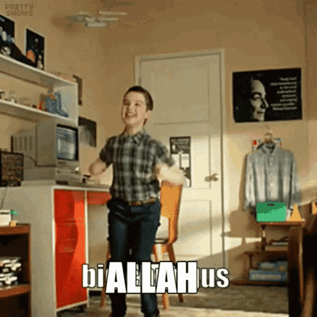 a young boy in a plaid shirt is dancing in a room with the words biallahus written on the wall behind him