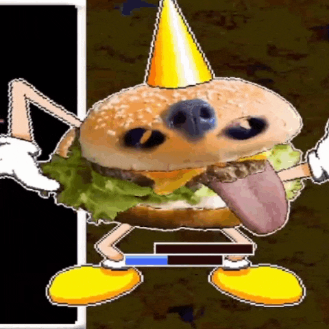 a pixel art of a hamburger wearing a yellow party hat