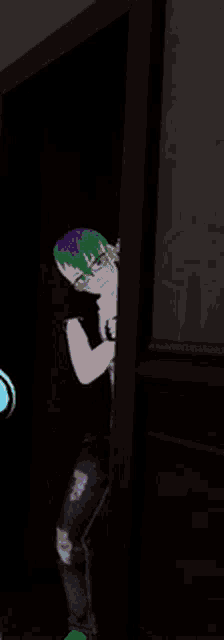 a cartoon character with purple hair is standing in a doorway