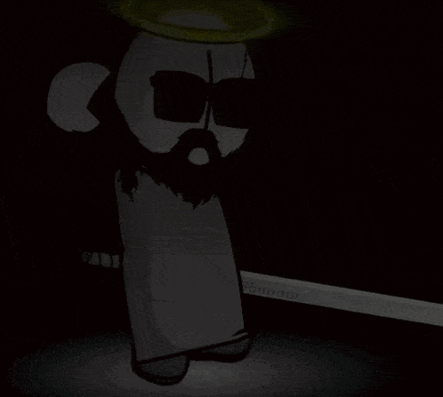 a cartoon character with a beard and sunglasses has a halo on his head and is holding a tool