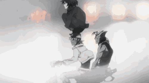 a group of anime characters are standing next to each other in a foggy room .
