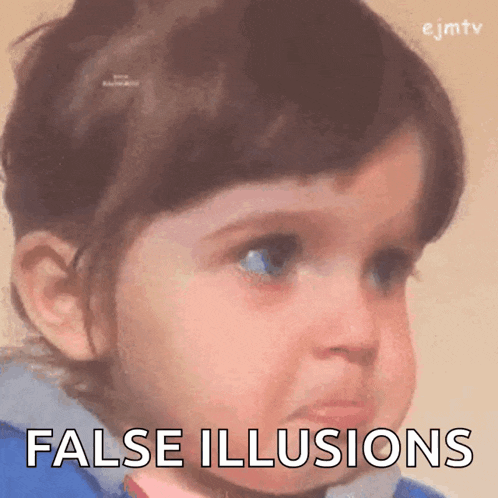 a little girl is making a face with the words false illusions written below her