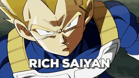 a close up of a cartoon character with the words rich saiyan written below him