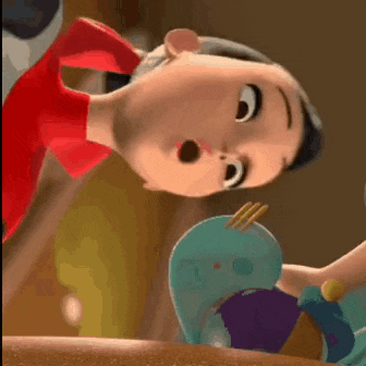 a cartoon character is playing with a stuffed animal and making a funny face .