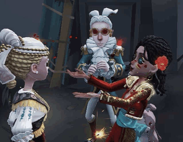 a cartoon character with a flower in her hair is talking to two other people