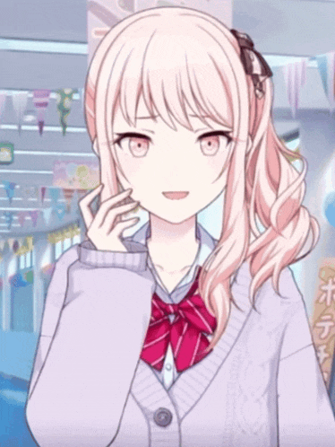 a girl with pink hair and red eyes is wearing a sweater and a red bow tie