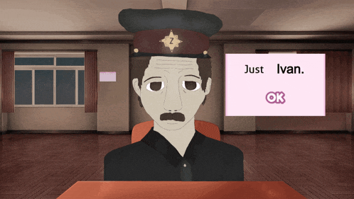 a man with a mustache is sitting at a table with a pink sign that says just ivan