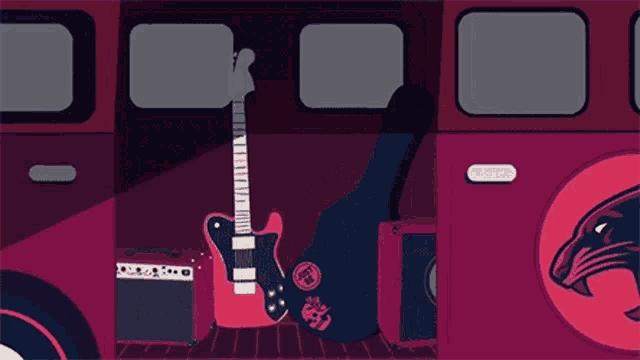 a red double decker bus with a guitar and a panther on the side of it .