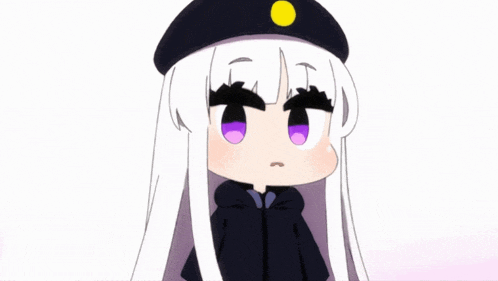 a girl with long white hair and purple eyes wearing a black hat