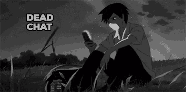 a man is sitting in the grass looking at his phone with the words dead chat written above him