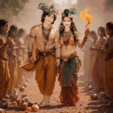 a painting of a man and a woman holding hands